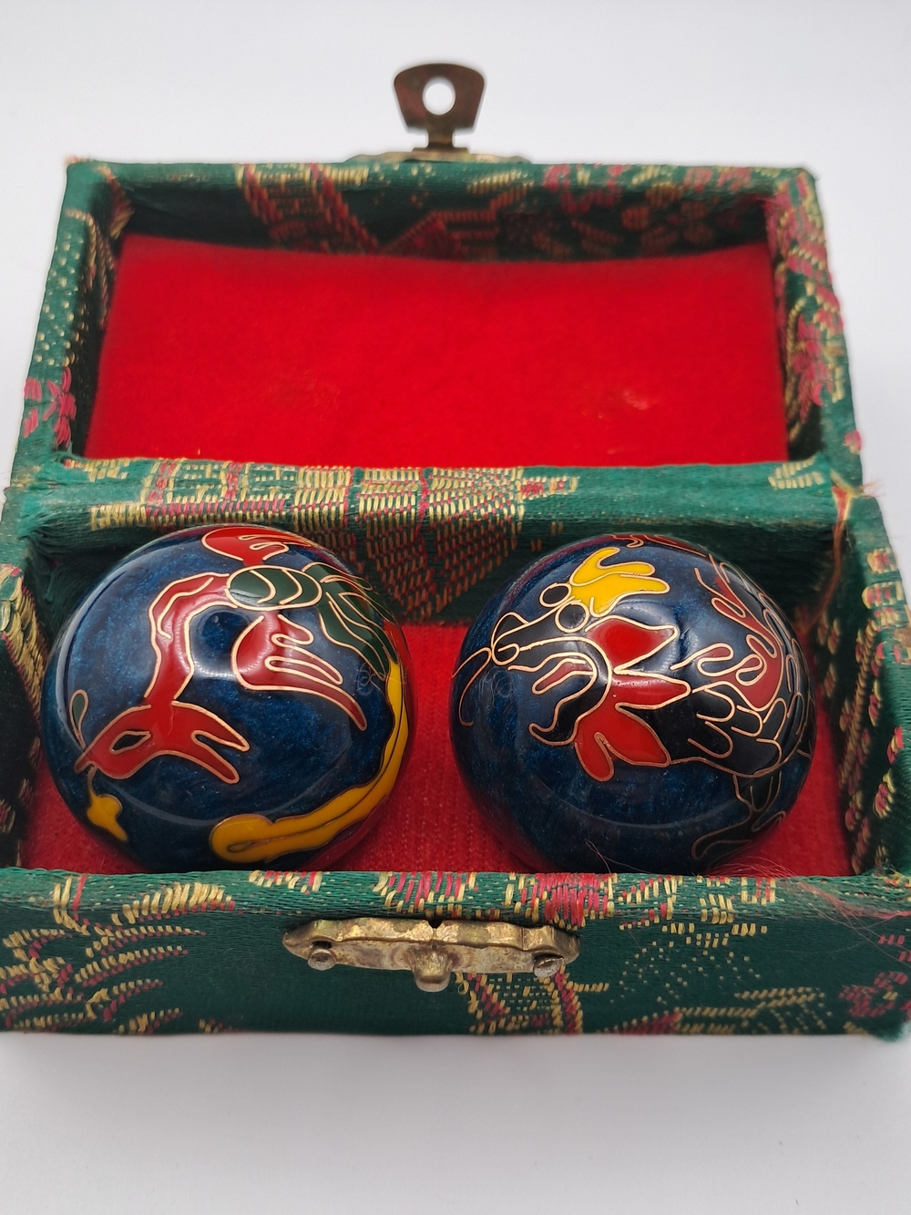 Vtg Chinese Baoding Cloisonné Balls with Brocade Box - Cloisonné Dragon Design